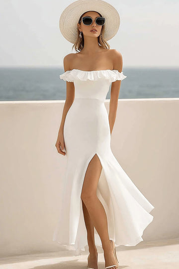 Off The Shoulder White Chiffon Ruffled Holiday Dress